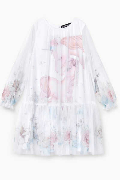 Платье А-силуэт из сетки и трикотажа с рюшами и застежкой Bell Bimbo 212233 белый - фото 1