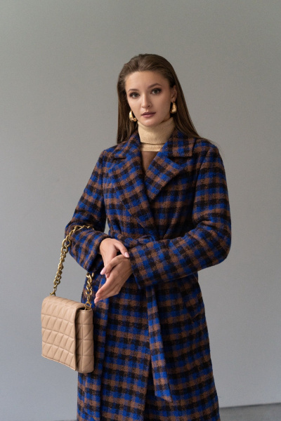 Синее зимнее пальто из пальтовой ткани и шерсти Elema 6-11975-1-170 клетка - фото 6