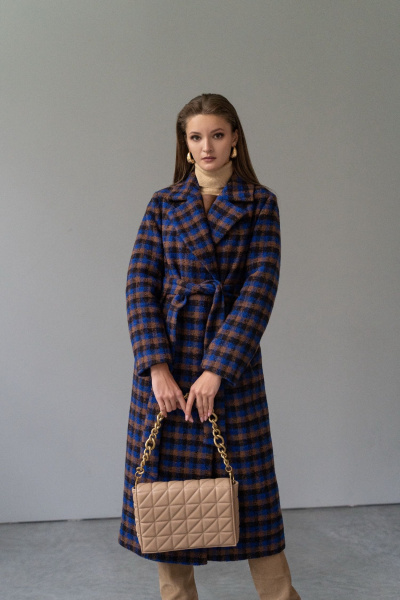 Синее зимнее пальто из пальтовой ткани и шерсти Elema 6-11975-1-170 клетка - фото 1