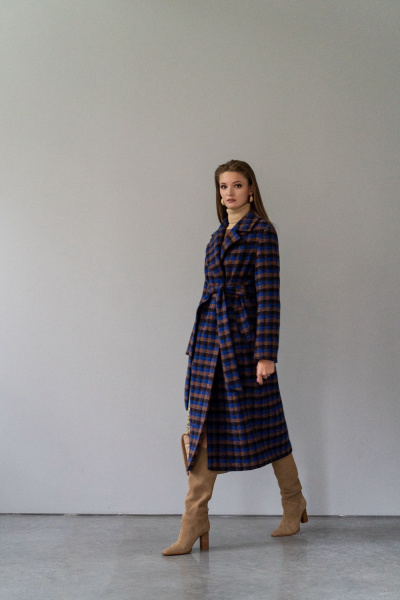 Синее зимнее пальто из пальтовой ткани и шерсти Elema 6-11975-1-170 клетка - фото 7