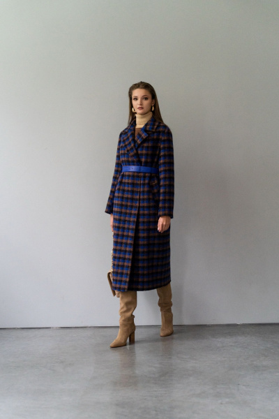 Синее зимнее пальто из пальтовой ткани и шерсти Elema 6-11975-1-170 клетка - фото 8