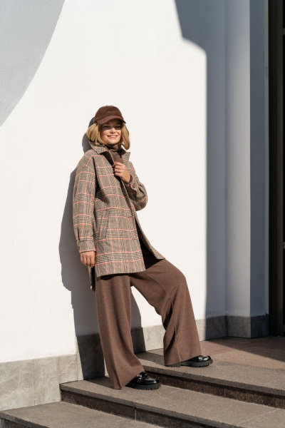 Пальто на каждый день из текстиля Elema 6-12041-1-164 коралловая_клетка - фото 3