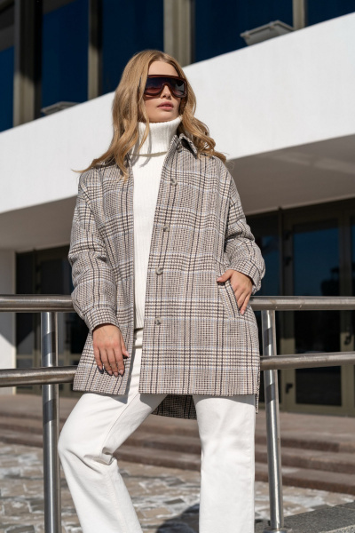 Пальто на каждый день из текстиля Elema 6-12041-1-170 голубая_клетка - фото 1