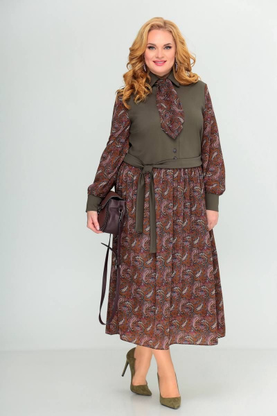 Платье Swallow 416 темно-оливковый/принт_огурцы - фото 1