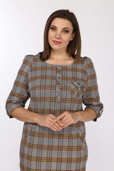 Платье полуприлегающее с пуговичной застежкой и карманами Lady Style Classic 432/6 клетка_серо-оранжевый - фото 2