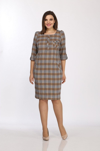 Платье полуприлегающее с пуговичной застежкой и карманами Lady Style Classic 432/6 клетка_серо-оранжевый - фото 1