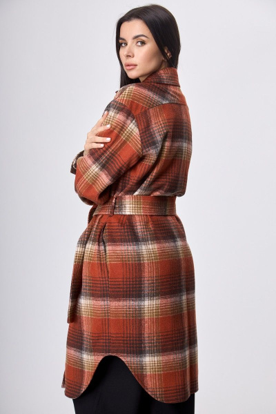 Рубашка пальтовая клетка миди с поясом на каждый день Anelli 935 красная_клетка - фото 2