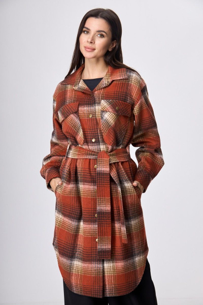 Рубашка пальтовая клетка миди с поясом на каждый день Anelli 935 красная_клетка - фото 3