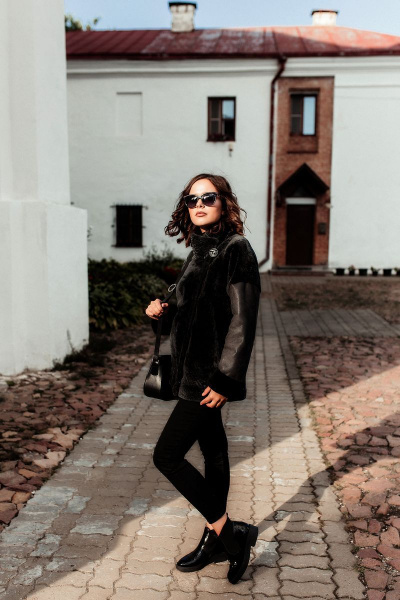 Куртка из овчины и дубленки с косой застежкой и прорезными карманами Мехофф Инесса75.12-10 черный - фото 5