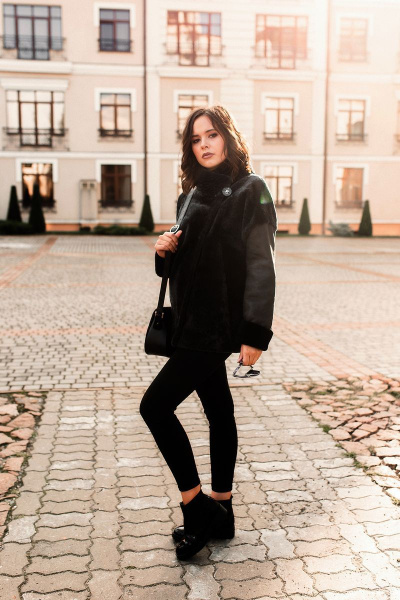 Куртка из овчины и дубленки с косой застежкой и прорезными карманами Мехофф Инесса75.12-10 черный - фото 4