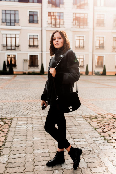 Куртка из овчины и дубленки с косой застежкой и прорезными карманами Мехофф Инесса75.12-10 черный - фото 3