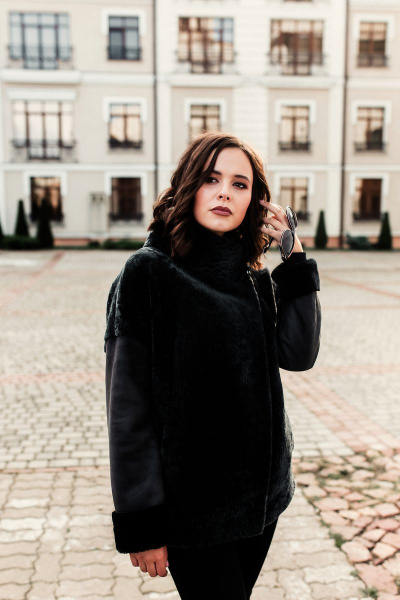 Куртка из овчины и дубленки с косой застежкой и прорезными карманами Мехофф Инесса75.12-10 черный - фото 1