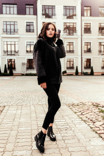 Куртка из овчины и дубленки с косой застежкой и прорезными карманами Мехофф Инесса75.12-10 черный - фото 2