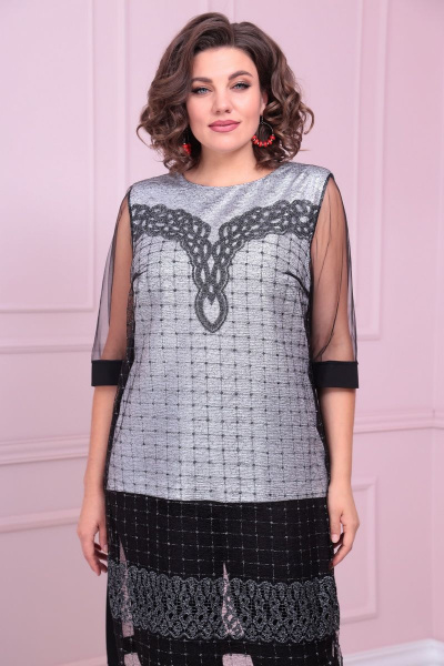 Нарядный женский комплект из кружевной блузы и брюк Solomeya Lux 872 серый - фото 2