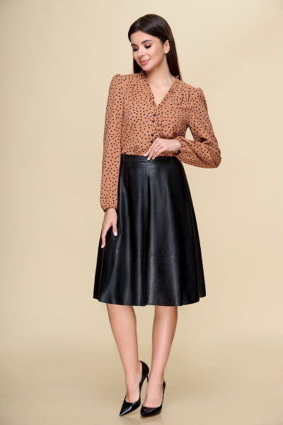 Блуза из текстиля с длинными рукавами и классическим фасоном DaLi 2583 коричневый-горохи - фото 5