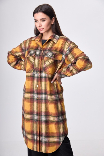 Пальто-рубашка оранжевое в клетку миди длины Anelli 935 оранжевая_клетка - фото 3