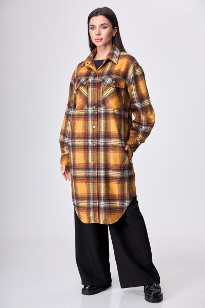 Пальто-рубашка оранжевое в клетку миди длины Anelli 935 оранжевая_клетка - фото 1