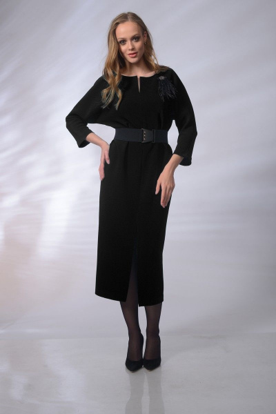 Платье малярного силуэта с разрезом и съемным поясом MAX 4-037 черный - фото 1