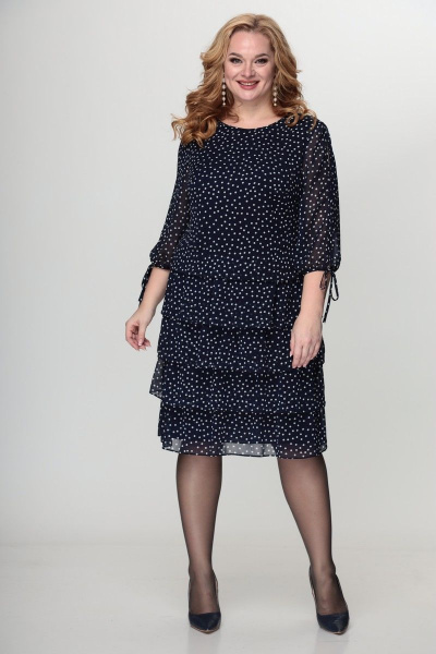 Платье из шифона с воланами и завязками в демисезон Кэтисбел 1503 синий_фон-мелкий_горох - фото 2