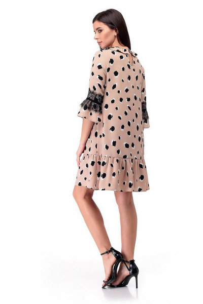 Свободное платье из вискозы с воланом, украшенным бусинами и кружевом Мишель стиль 927 бежево-черный - фото 2