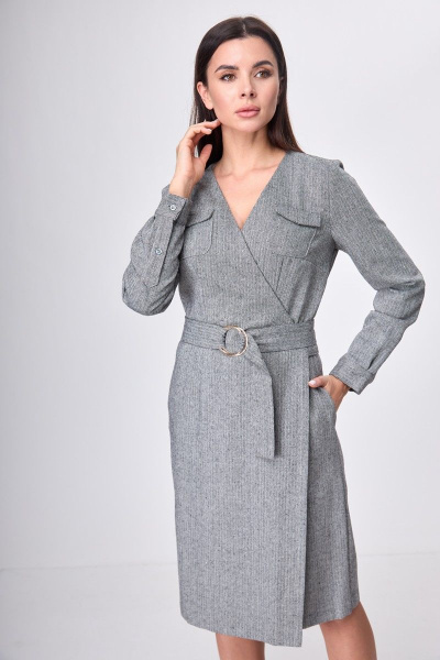 Платье деловое из текстиля с запахом и карманами Anelli 545 серый - фото 3