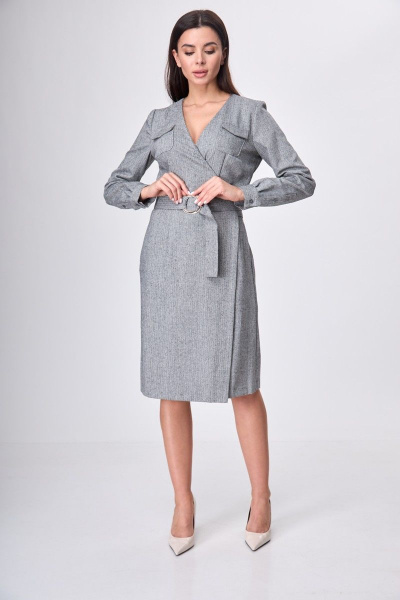 Платье деловое из текстиля с запахом и карманами Anelli 545 серый - фото 2