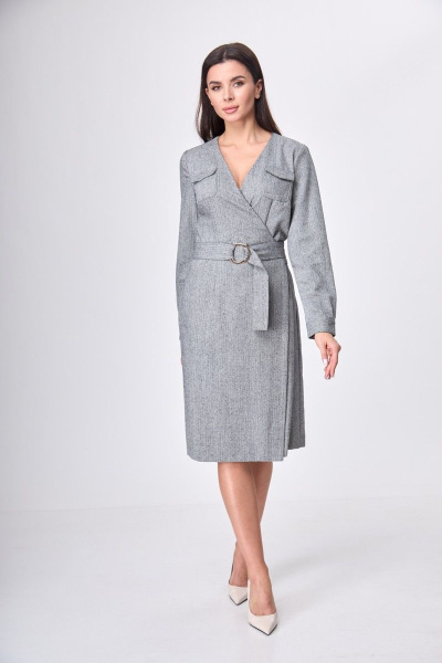 Платье деловое из текстиля с запахом и карманами Anelli 545 серый - фото 1