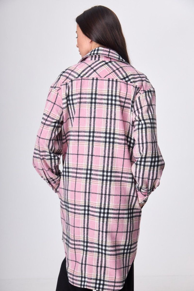 Рубашка пальтовая клетка миди с поясом и карманами Anelli 935 розовая_клетка - фото 2