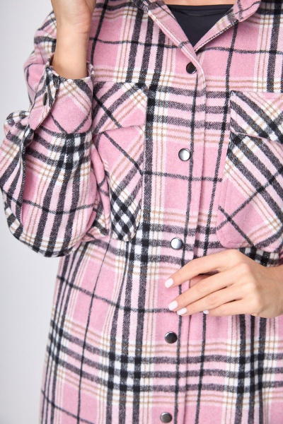 Рубашка пальтовая клетка миди с поясом и карманами Anelli 935 розовая_клетка - фото 4