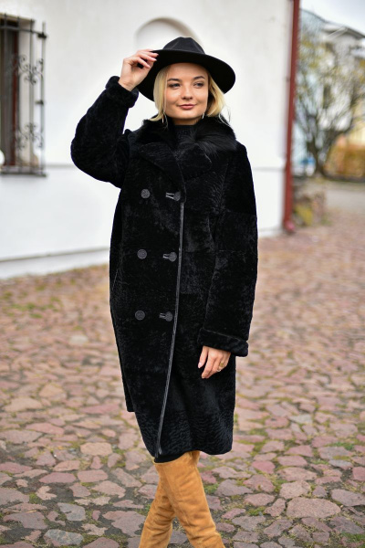 Пальто из овчины астраган двубортное с английским воротником Мехофф Линия830.12-25 черный - фото 1