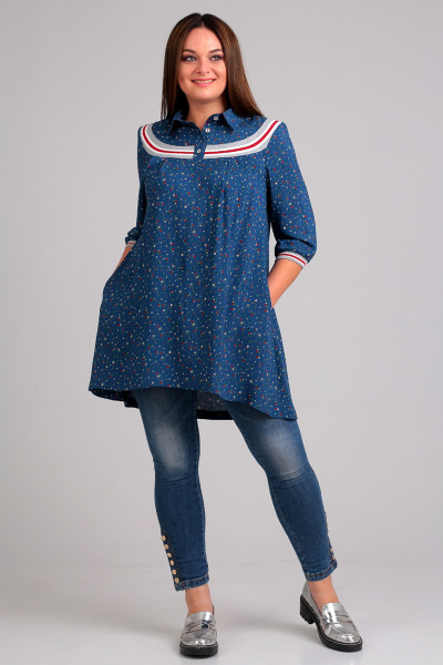 Блуза А-силуэта в полоску с карманами и рукавом 3/4 Таир-Гранд 62312-1 синий - фото 1