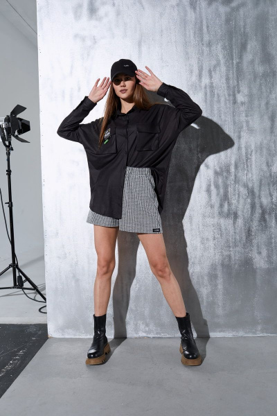 Серая и черная рубашка из хлопка с накладными карманами Luna 011 графит - фото 1