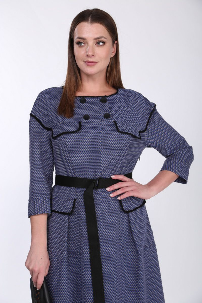 Платье с отрезной кокеткой, длинной рукавом и ремнем Anna Majewska А341 синий - фото 3