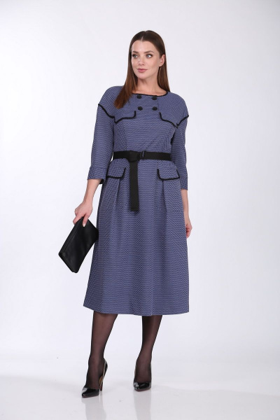 Платье с отрезной кокеткой, длинной рукавом и ремнем Anna Majewska А341 синий - фото 1