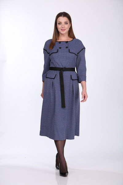 Платье с отрезной кокеткой, длинной рукавом и ремнем Anna Majewska А341 синий - фото 2