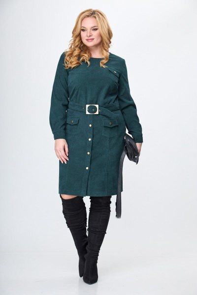 Платье вельвет приталенное ниже колена с карманами Anelli 881 зеленый - фото 1