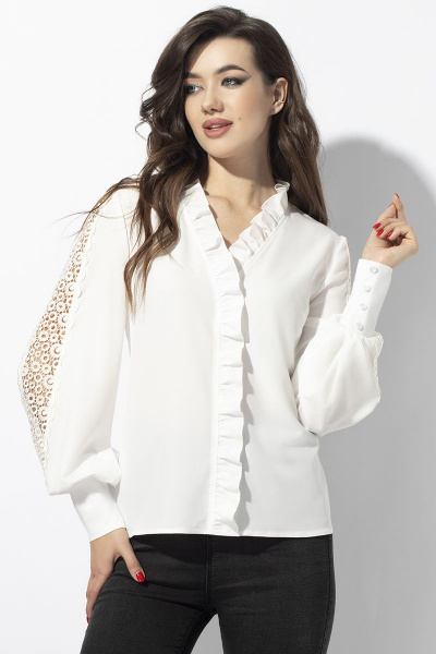 Блуза  делового стиля, прямого силуэта с рюшами, кружевом VIZAVI 655.2 молоко - фото 2