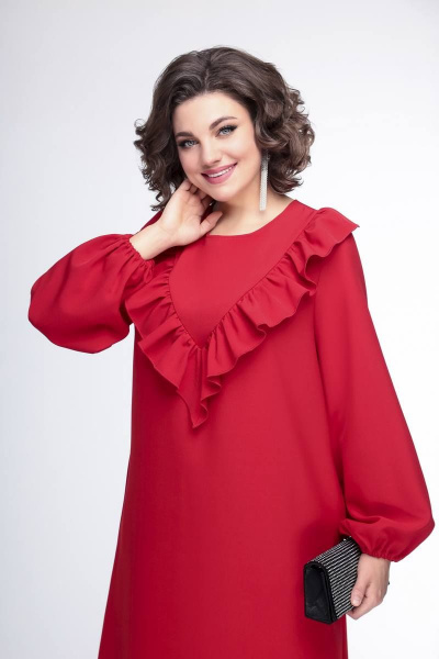 Платье прямого силуэта из текстильной ткани с кокеткой и воланом Swallow 436 красный - фото 5