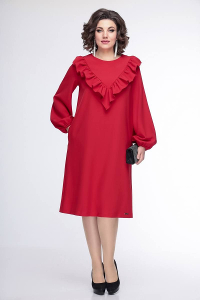 Платье прямого силуэта из текстильной ткани с кокеткой и воланом Swallow 436 красный - фото 1