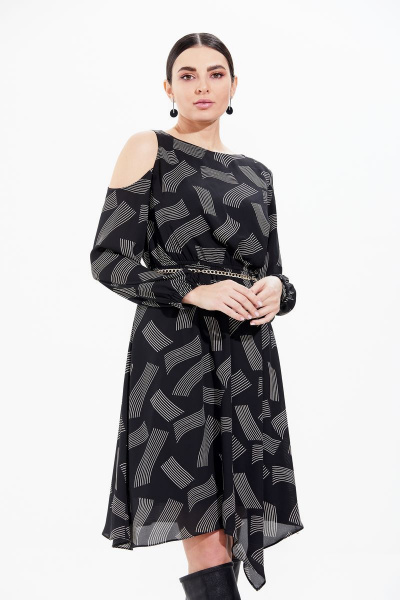 Платье из шифона с оригинальным принтом и асимметричным низом Condra 4270 черный - фото 6