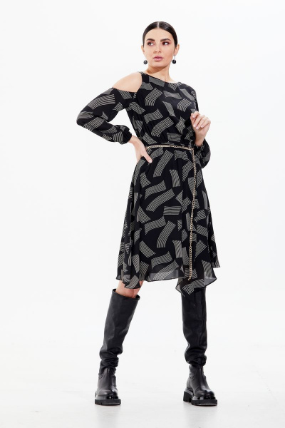 Платье из шифона с оригинальным принтом и асимметричным низом Condra 4270 черный - фото 3