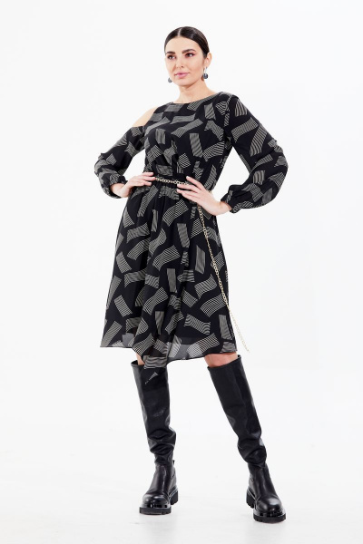 Платье из шифона с оригинальным принтом и асимметричным низом Condra 4270 черный - фото 2