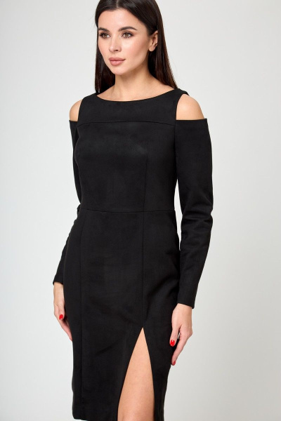 Платье из искусственной замши с разрезом и длинным рукавом Anelli 1182 черный - фото 5