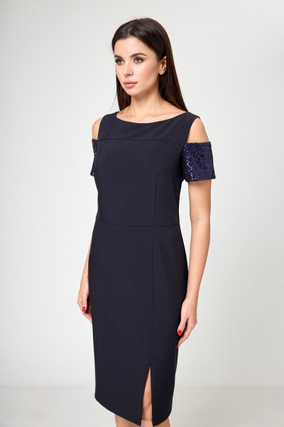 Демисезонное синее платье-футляр с пайетками и разрезом Anelli 1196 синий - фото 4