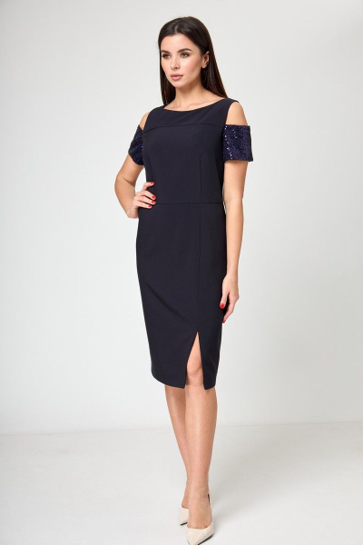 Демисезонное синее платье-футляр с пайетками и разрезом Anelli 1196 синий - фото 3