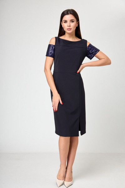 Демисезонное синее платье-футляр с пайетками и разрезом Anelli 1196 синий - фото 2