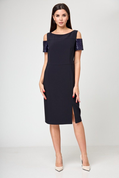 Демисезонное синее платье-футляр с пайетками и разрезом Anelli 1196 синий - фото 1