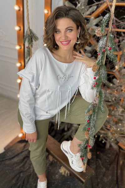 Полуприлегающий джемпер из трикотажа с принтом и шнурами Rumoda 2059 белый - фото 14