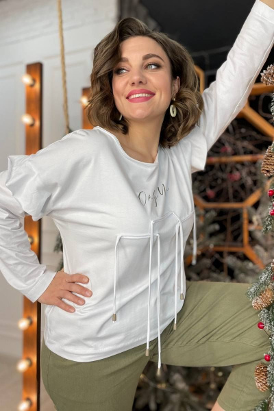 Полуприлегающий джемпер из трикотажа с принтом и шнурами Rumoda 2059 белый - фото 13