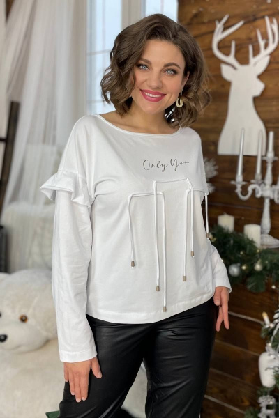 Полуприлегающий джемпер из трикотажа с принтом и шнурами Rumoda 2059 белый - фото 1